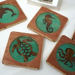 Handmade UNIKO Wood Carved Sealife Coasters
